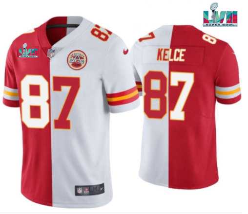 Men's Kansas City Chiefs #87 Travis Kelce Red & White Split Super Bowl LVII Patch Limited Stitched Jersey,We sell and wholesale Men's Kansas City Chiefs #87 Travis Kelce Red & White Split Super Bowl LVII Patch Limited Stitched Jersey on line form chian!